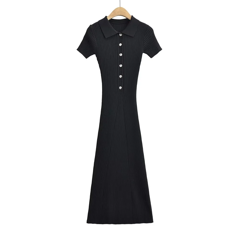 Ribbed High Waist Slim Maxi Dress For Women Knitwear Lapel Casual Elegant Party Dress Gown Fashion Short Sleeve Knit Dress