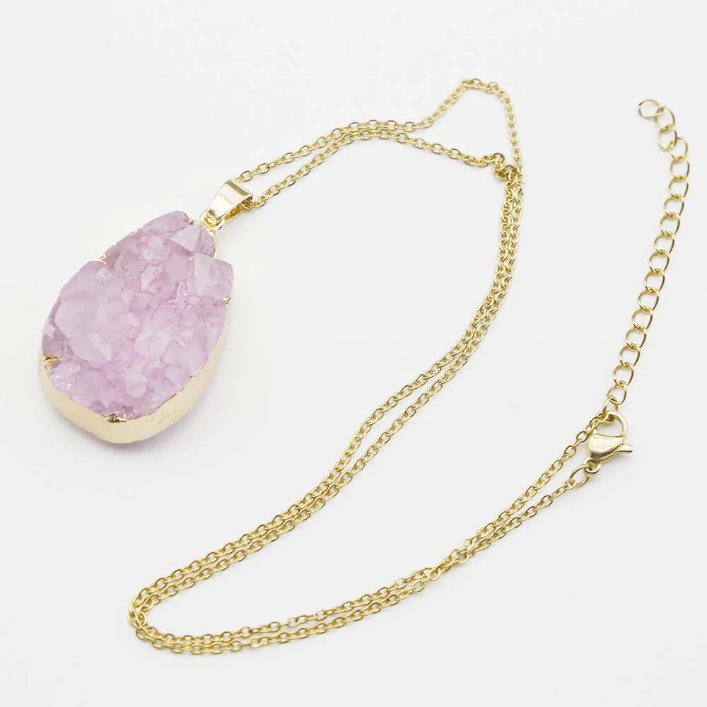 Natural Raw ore Stone Water Drop Agate Crystal Gold Edged Pendant Stainless Steel Chain Necklace Exquisite Jewelry Accessory4Pcs