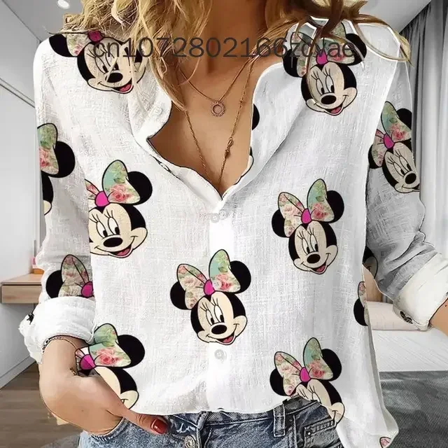 

New Women's Casual Shirt Disney Minnie Mouse Print Fashionable Y2k Street Clothing Summer Long Sleeved Women's Shirt