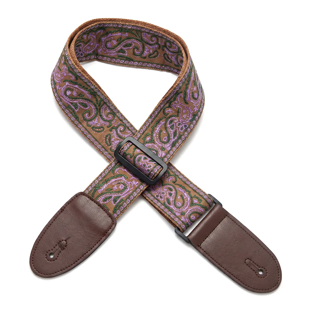 Embroidered Adjustable Guitar Strap with Leather Ends