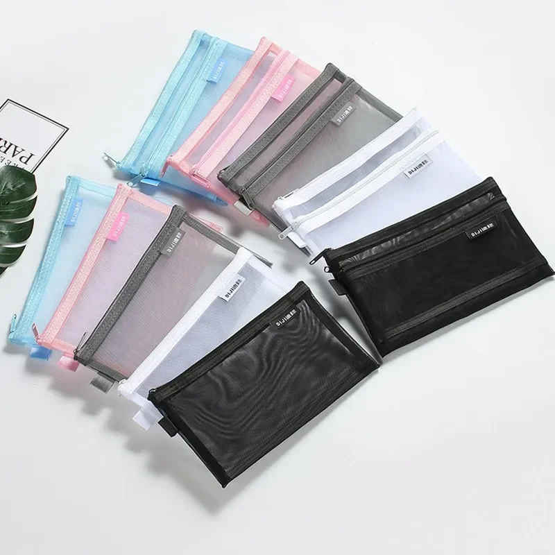 Simple Transparent Mesh Pencil Case Storage Student Pencil Bag Large Capacity Pouches Stationery Cosmetic Bags 3