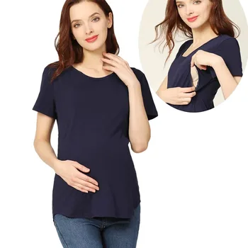 Summer Maternity T Shirt  Short Sleeve Stretch Cotton Tops Zipper Breastfeeding Loose Pregnant Clothes Big Size