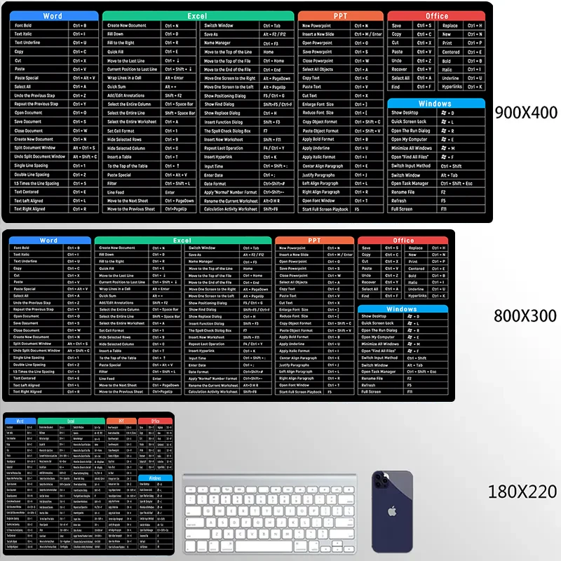 Windows Excel Klavye Kısayolları Mouse Pad Oyun Halısı 90X40 cm Masa Mousepad Dikişli kaymaz Taban Ofis Bilgisayar sümen