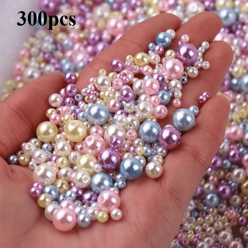 300개 믹스 사이즈 3-8mm 구멍이 있는 구슬, 화려한 원형 아크릴 DIY 쥬얼..