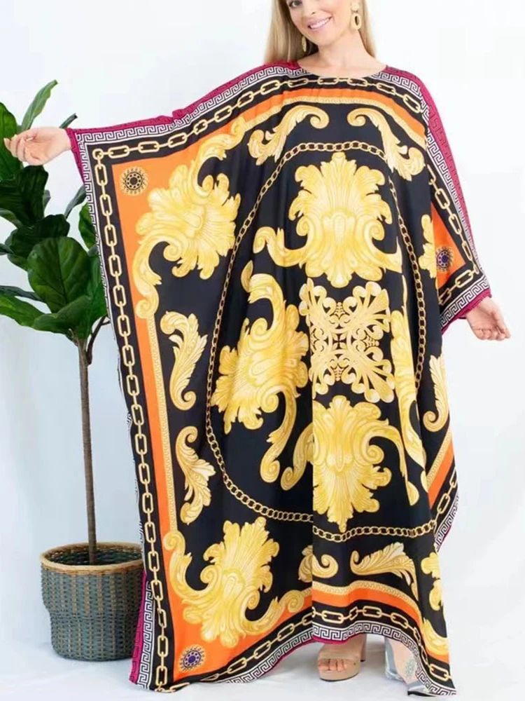 

Kaftans for Women Gold Printed Maxi Beach Dresses India Folk Swimwear Cover Ups Seaside Holiday Beachwear Bathing Suits