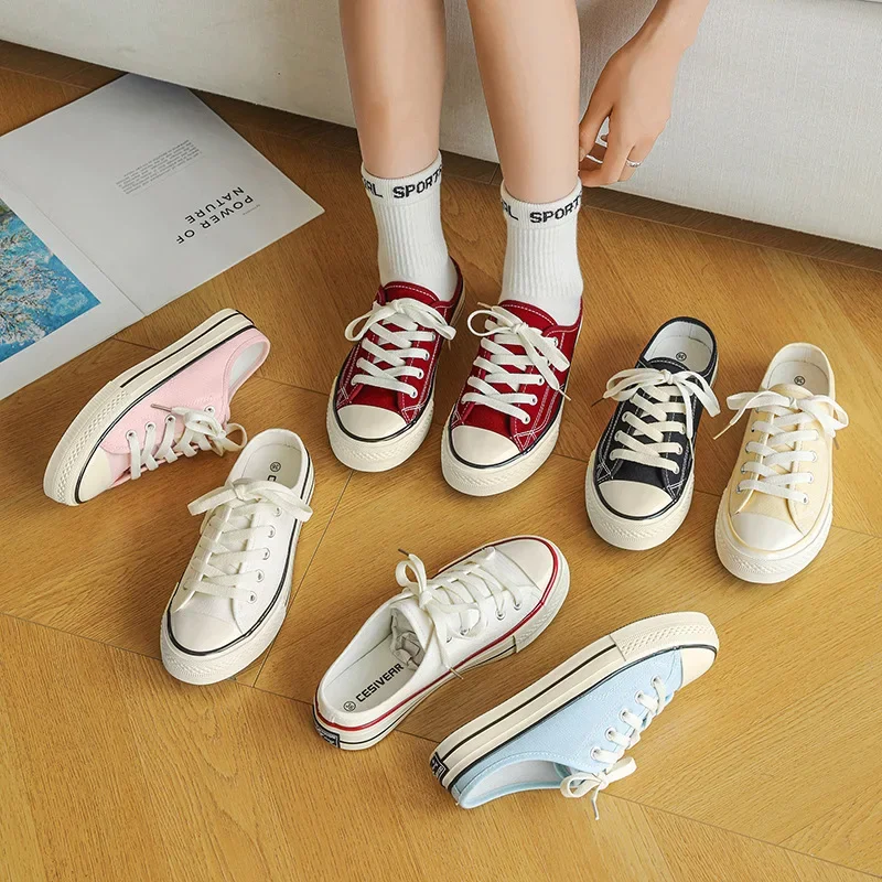 Unisex Low-Top Canvas Slip-On Shoes Summer New Style Student Korean Versatile Lazy Board Shoes Half Slippers White Sneakers