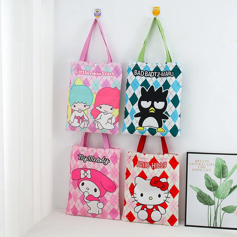 

Kawaii MINISO Hello Kitty Canvas Handbag Anime My Melody Kuromi Womens Shoulder Bag Tote Bags Eco Reusable Shopper Bag Lunch Bag