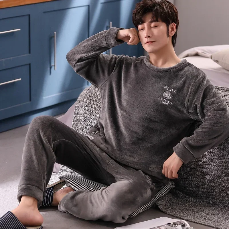 2023 Winter Long Sleeve Thick Warm Flannel Pajama Sets for Men Korean Loose Coral Velvet Sleepwear Pyjama Homewear Home Clothes