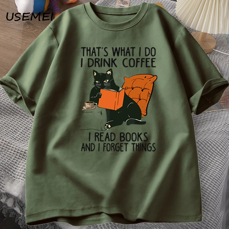 Cute Cat T-shirt for Women Men Books Coffee Cat Print T-shirts