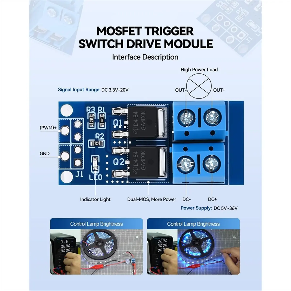 (A23G) 6PCS 듀얼 고전력 MOSFET 트리거 스위치 드라이브 모듈 0-20KHz PWM 조정 모터 속도 컨트롤러, DC 5V-36V 400W,15A