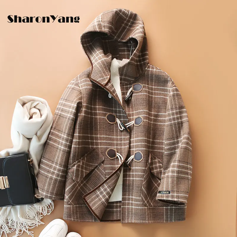 

Plaid Woolen Coat Women 2022 Autumn Winter Wool Coats for Women Horn Button Hooded Double Sided Hand Made