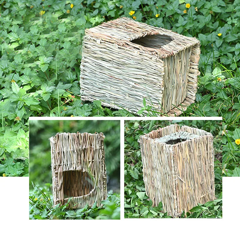 Foldable Woven Rabbit Cages Pets Hamster Guinea Pig Bunny Grass Chew Toy Mat House Bed Nests for Small Animal Rabbit Accessories