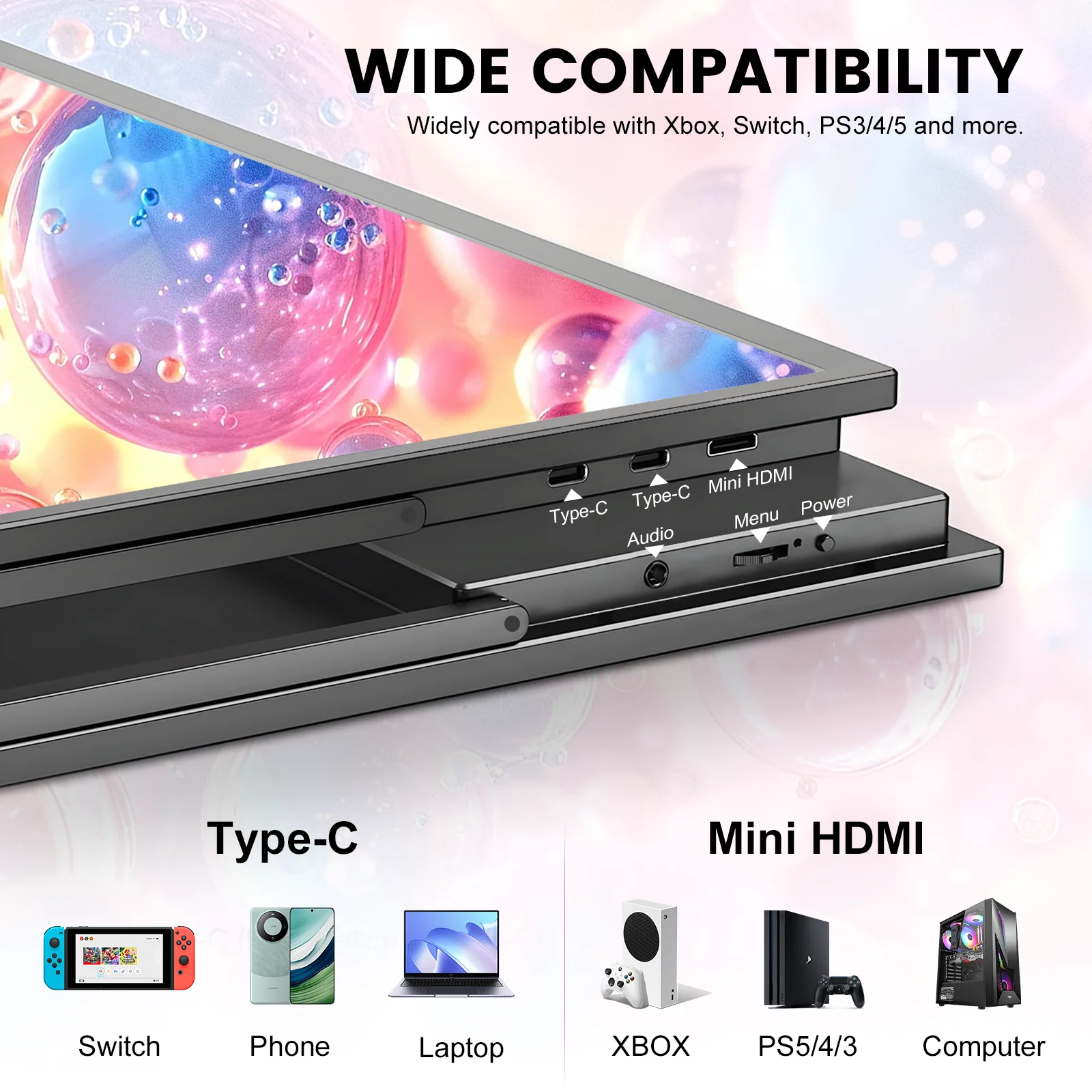 18.5인치 휴대용 모니터 100Hz RGB100% VESA 홀 및 후면 브래킷 포함 노트북 확장 디스플레이 게이밍 프리싱크 ADS-IPS HDR 스크린
