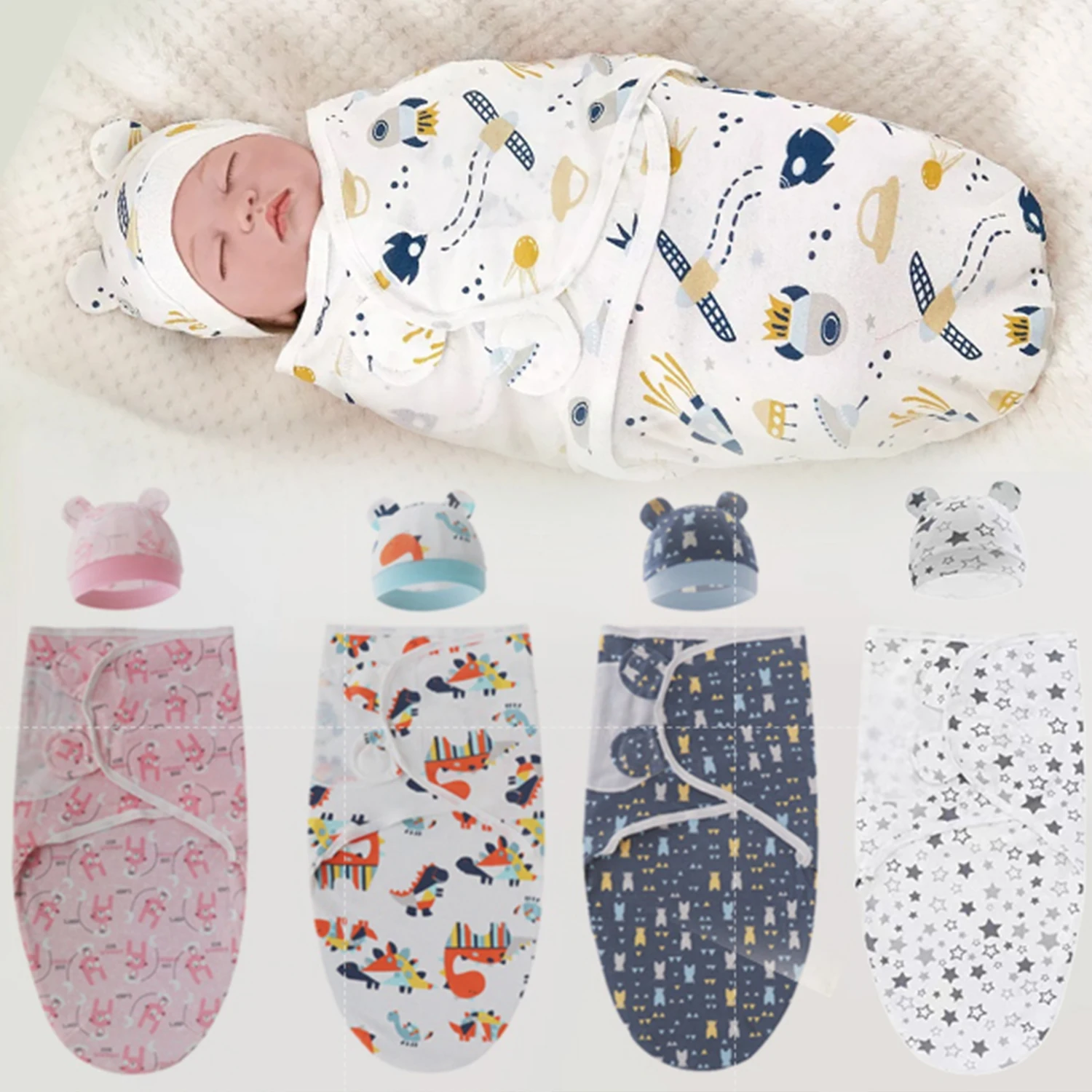 Baby Blanket Hat Set Cartoon Printed Cotton Newborn Swaddle Adjustable Infant Sleeping Swaddle Wraps All Seasons 0-6 Months
