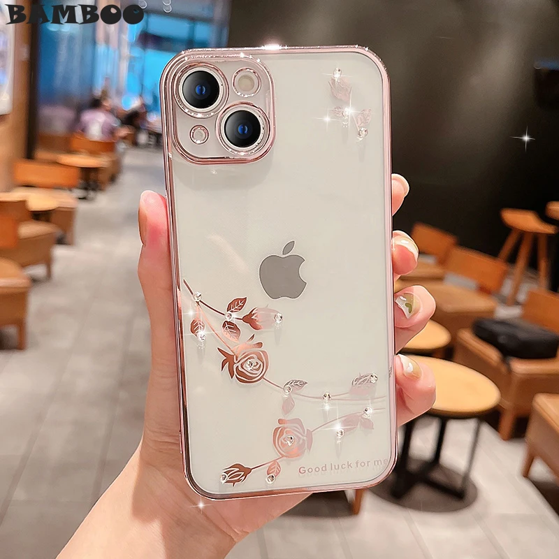

Luxury Plating Rose Inlaid Diamond Clear Phone Case for iPhone 13 12 11 Pro Max Camera Protection Shockproof Soft Silicon Cover