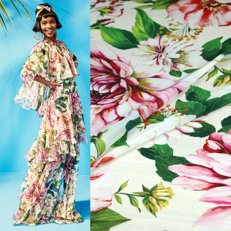 Printed Velvet Chiffon Polyester Fabric Cloth for Fashion Dress Summer Thin Peony Sewing Diy Shirt Scarf Sew |