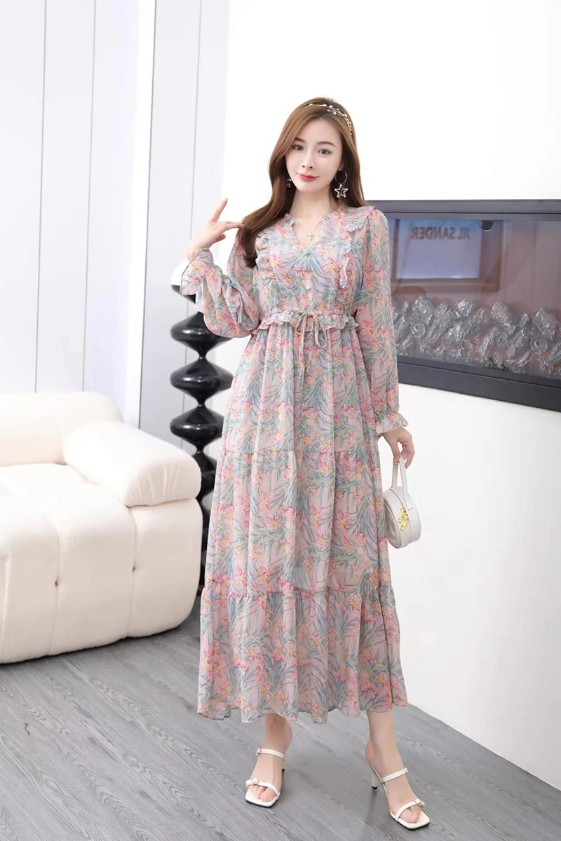 

VANOVICH Spring New Vintage Edible Tree Fungus Patchwork Chiffon Long Sleeve Dress Fashion V-neck Slim Chiffon Long A-line Dress