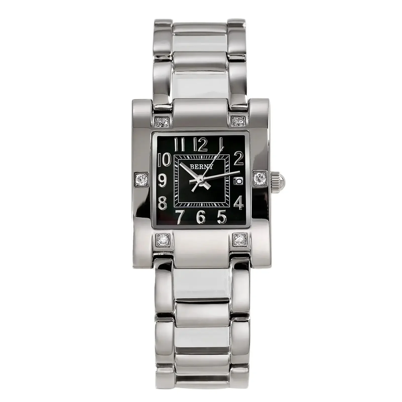 BERNY Quartz Watch for Women Calendar Fashion Casual Easy Read Stainless Steel Waterproof Ladies Square Wristwatch Elegant