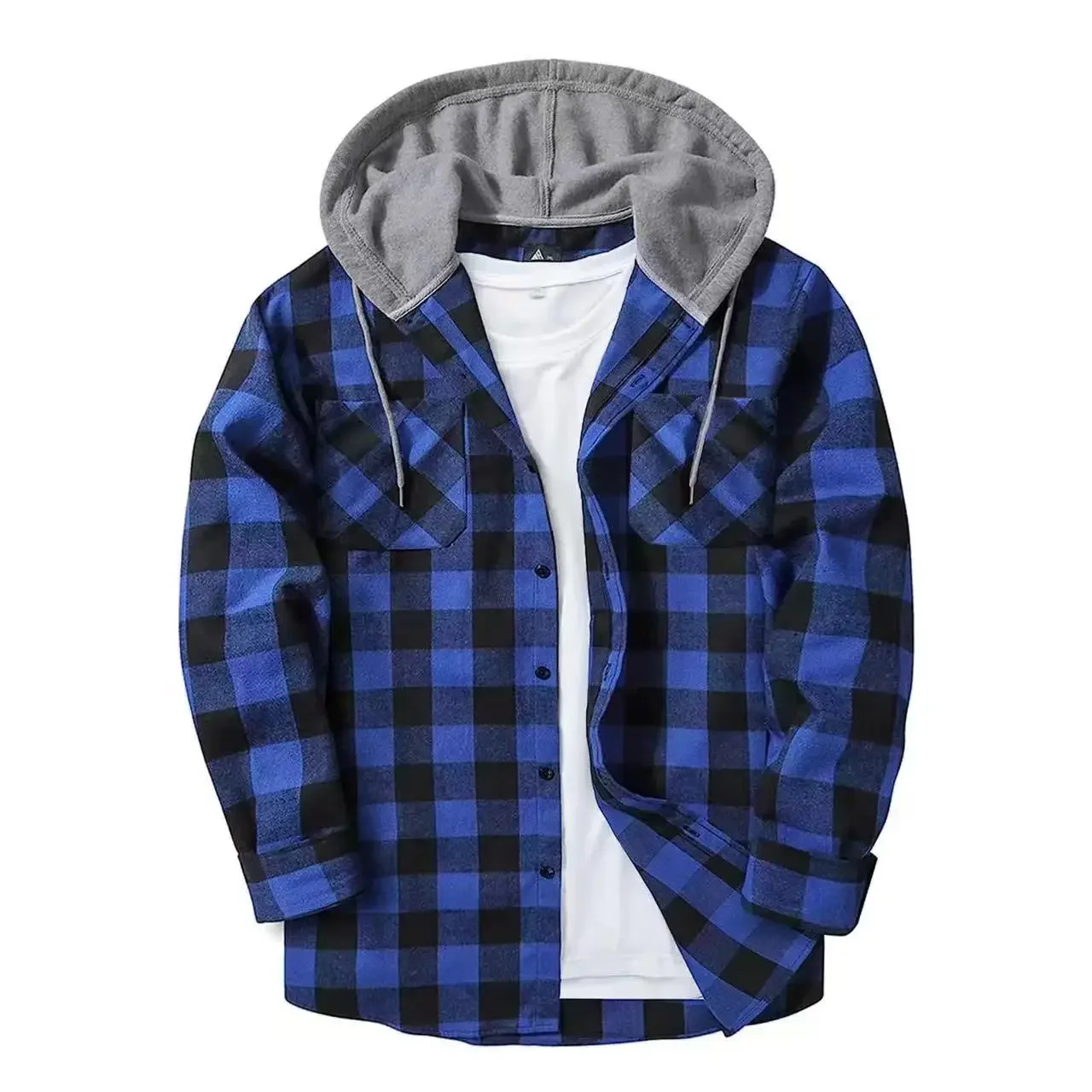 Men's Plaid Long Sleeved Hooded Shirt With Button Work Drawstring Casual Top Cardigan Sweatsuit Street Clothing Jacket  Hoodie