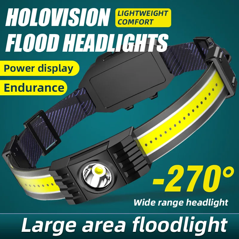 

COB LED Strong Light Headlamp 6 Lighting Modes Floodlight USB Rechargeable Waterproof Work Light Camping Night Fishing Spotlight