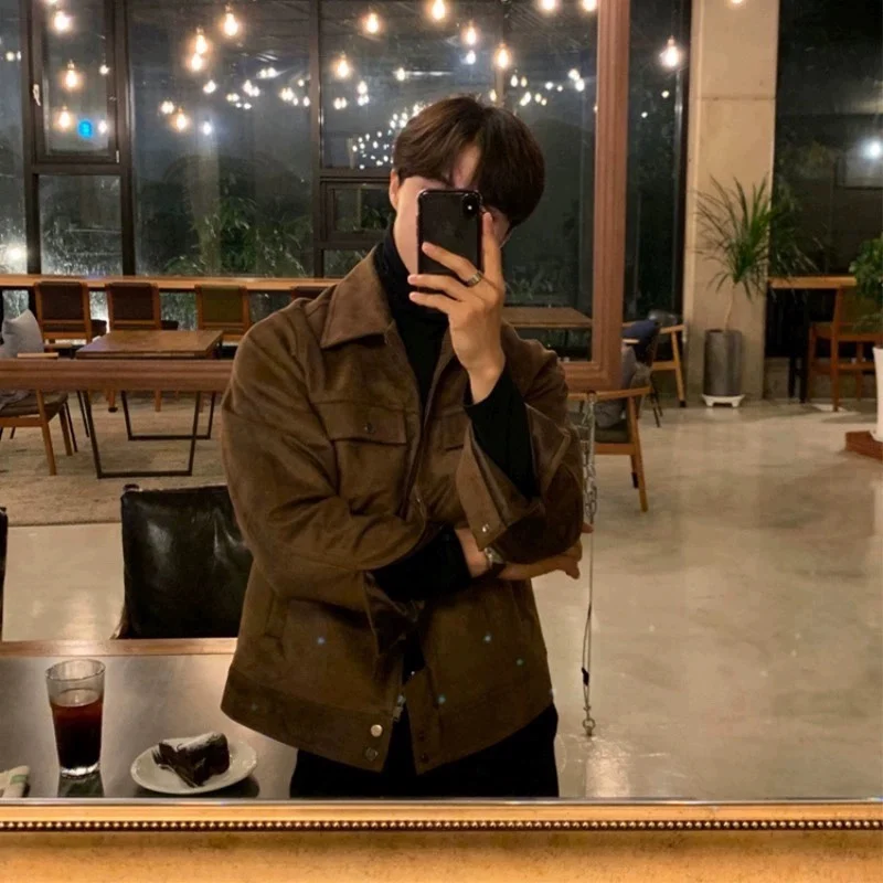 Men's lapel Pu jacket jacket, suede spring and autumn street clothing, men's personality simple punk style jacket, brown fashion