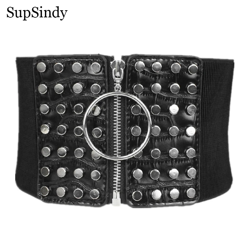 

SupSindy Women Dress Elastic Wide Belt Punk Rivets Round Zipper Metal Buckle Down Coats Leather Belts for Women Waistband Female