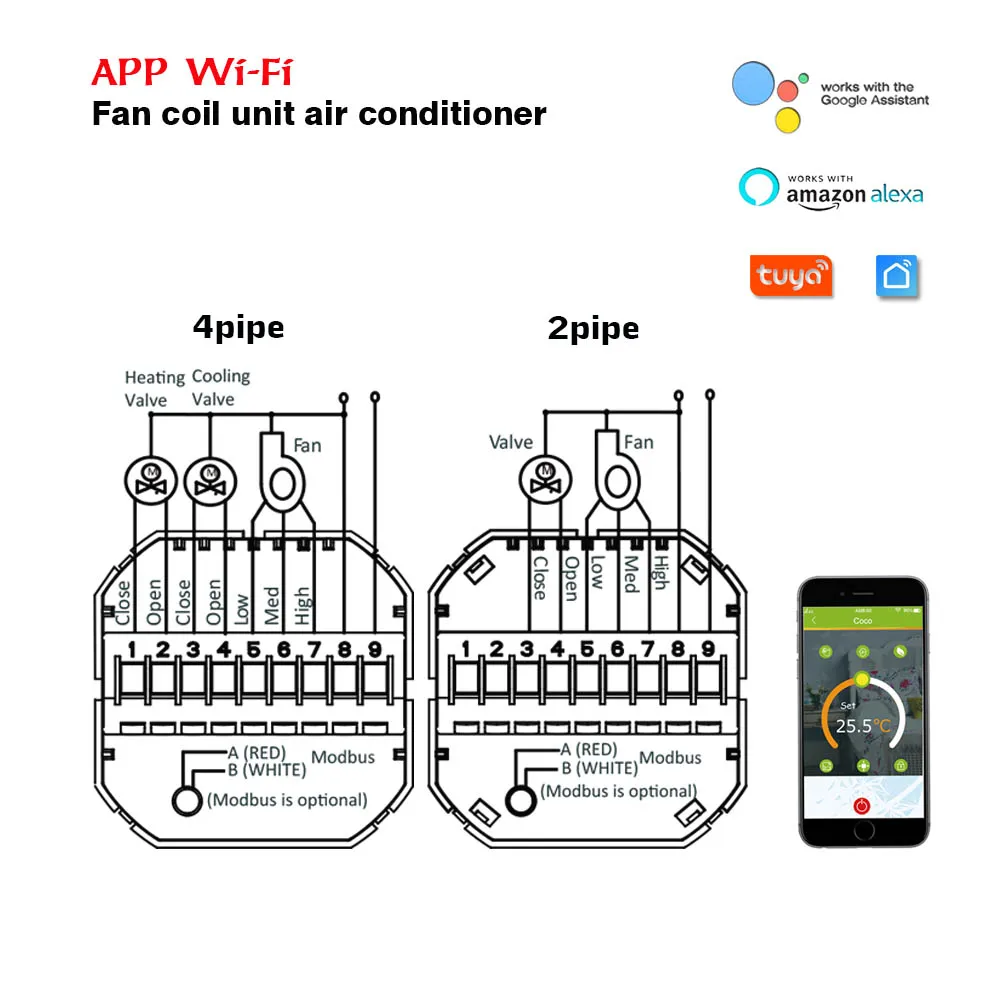 Ventilador Coil Termostato Tuya Wifi Válvulas de Controle Remoto e 3-velocidade Ventiladores para Aquecimento de Refrigeração 24vac 95240vac Opcional 2-pipe 4-pipe