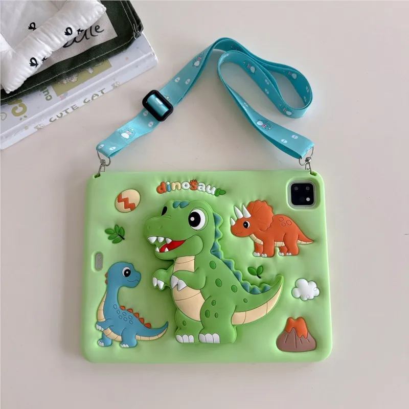 3D Dinosaur Silicone Shockproof Kids Carry Case with Stand and Shoulder Strap