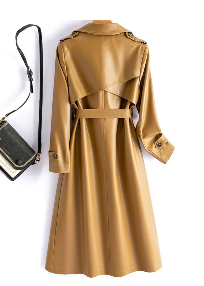 2024 High-quality Leather Trench Coat Women's Sheepskin Outerwear X-long Windbreaker Autumn Winter Lady Streetwear Overcoat 5xl