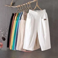 Summer Thin Cotton Linen Mom Pants Women Loose Large Size Elastic Waist Harem Casual Pants Comfortable High Waist ket Design