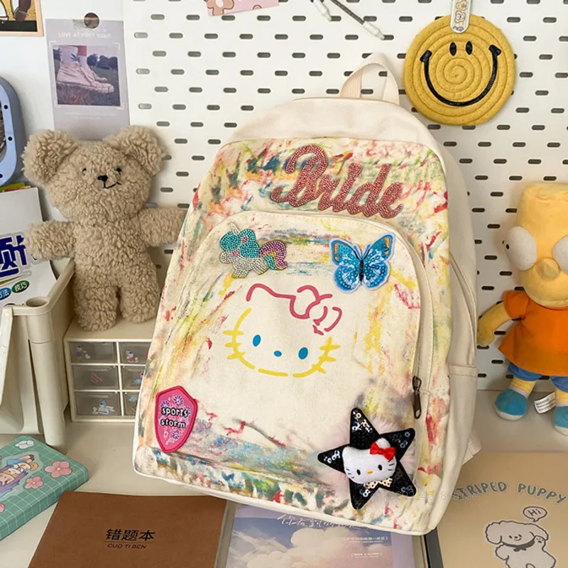 Sanrio Hello Kitty Colorful Graffiti Canvas Bag Cute Girl Versatile High-capacity Backpack Japanese Harajuku Trend Shoulders Bag 4