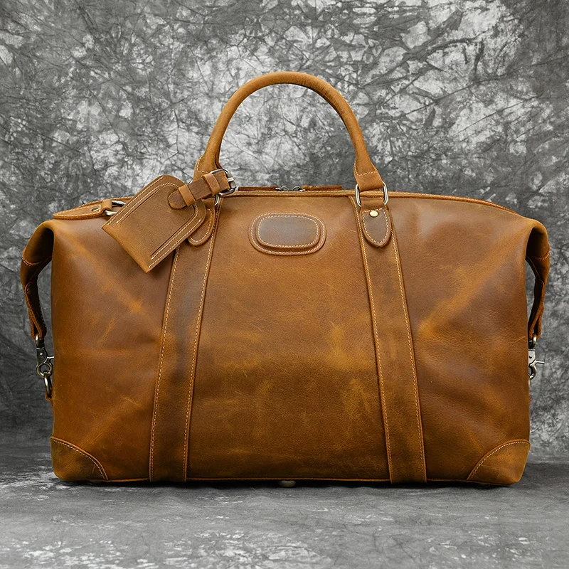 Genuine Crazy Horse Leather Men Travel Bags With Rivet Big HandBag For Male Cowhide Duffel Bag Mans Travelling Bag luxury