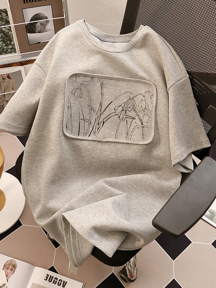 Women's Summer French Gray Printing Commute Short Sleeve T-shirt Top