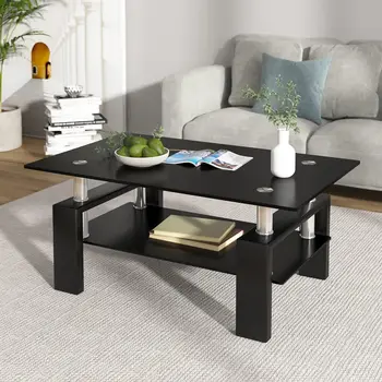Rectangle Glass Coffee Table 2-Tier Tea Table Modern Side Coffee Table for Living Room 4