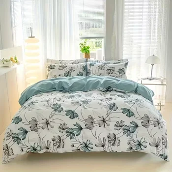 Yalan Printed Three-Piece Quilt Cover Set (1 Quilt Cover + 2 Pillowcases) Super Soft Breathable Fabric, Skin-Friendly, Comfortable, Breathable, Machine Washable, Suitable for All Seasons, Mother's Day Gift, Fresh Pastoral Style 1