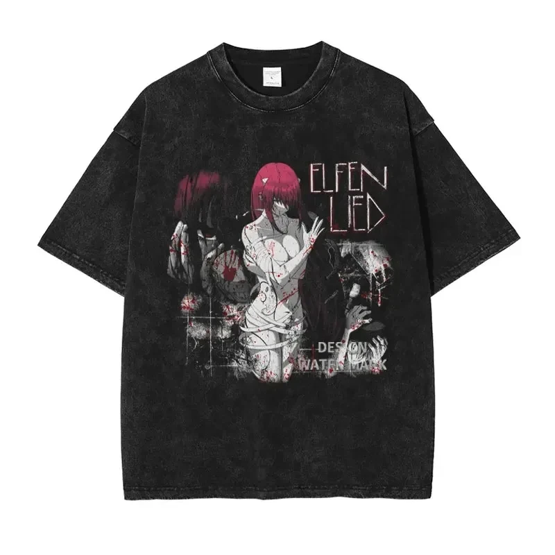 Elfen Lied Anime Lover Washed New Model T-Shirt, übergroßes Unisex-T-Shirt für Paare, Streetwear, trendige Persönlichkeitskleidung, Vintage-Kleidung für Paare
