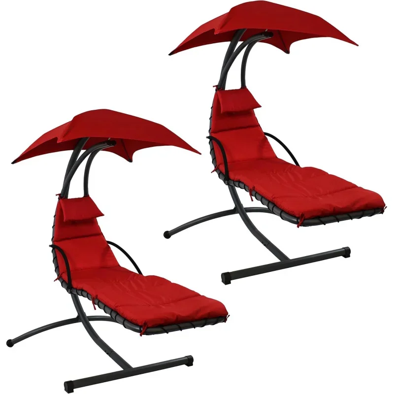 Floating Chaise Lounger-Outdoor Hanging Patio Swing Chair with Canopy and Arc Stand-260-Pound Capacity Red 79 Inches Lon