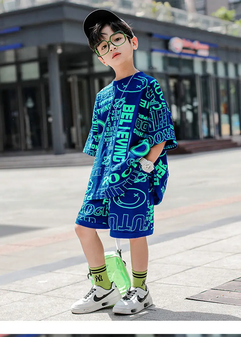 

Children Clothes Fashion Summer Baby teenage Boy Clothing Boys Hiphop Korean Casual T-Shirt Shorts 2Pcs/Sets 6 8 10 12 13 Years