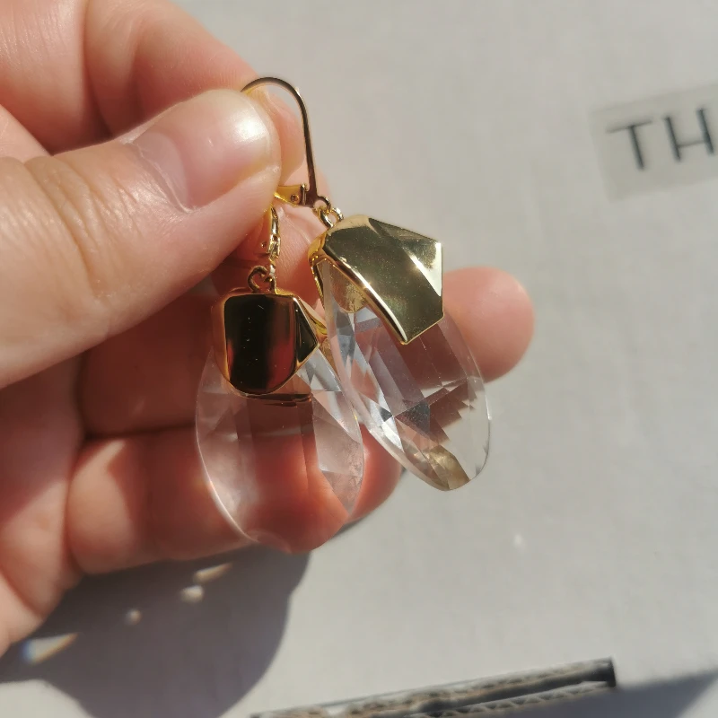 Brass 18k Gold Clear Crystal Drop Earrings Women Jewelry Party Boho T Show Gown Runway Rare Korean Japan Trendy INS