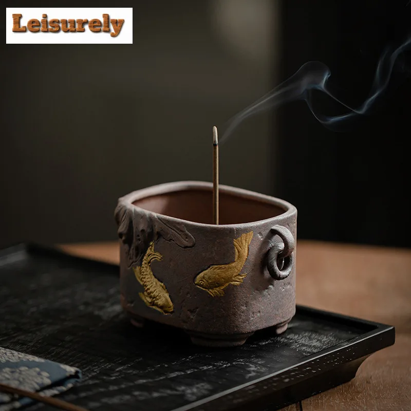 Gold Koi Fish Fragrance Insertion Holder Chinese Aromatherapy Stove Four Legged Art Thread Incense Stand Home Desktop Ornament