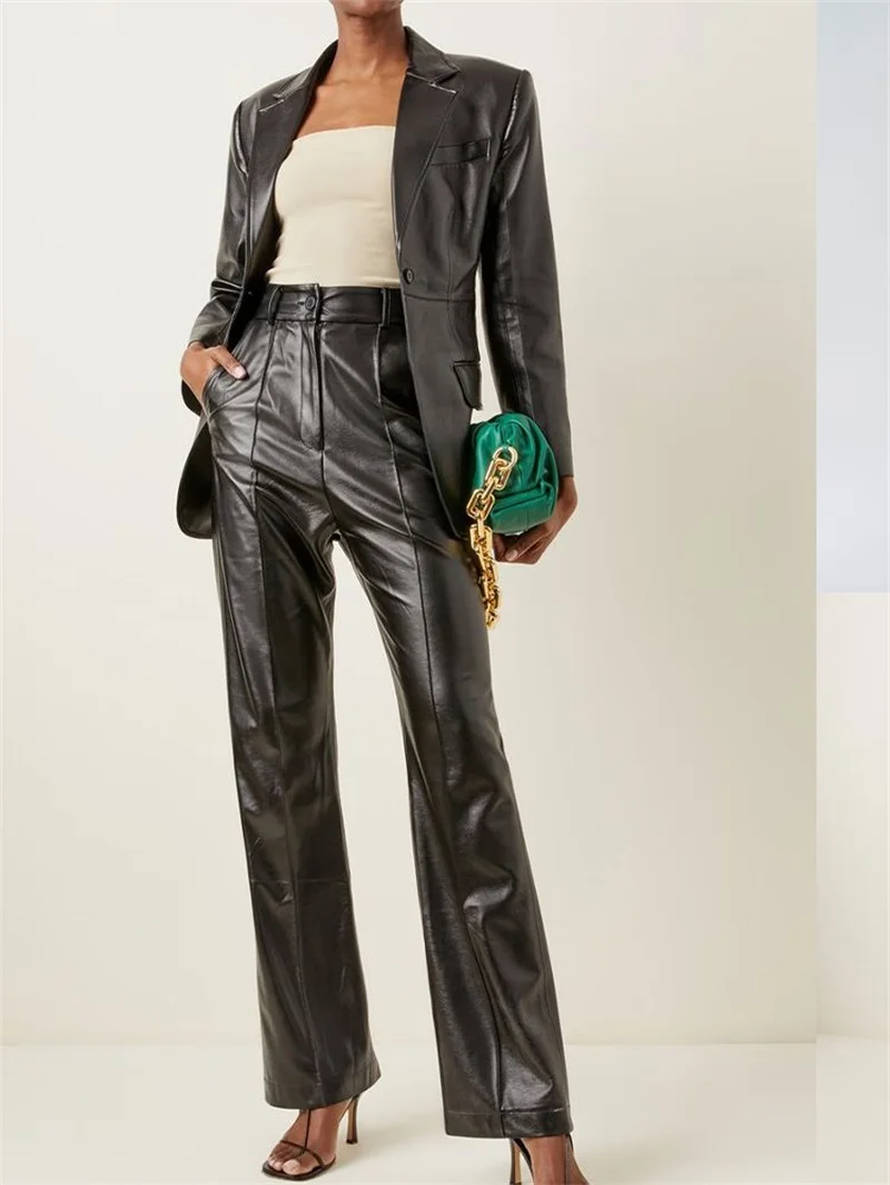 

2 Pcs Leather Women Pants Suits Set Black Blazer+Trousers Loose Formal Prom Dress Tuxedos Office Lady Jacket Custom Made