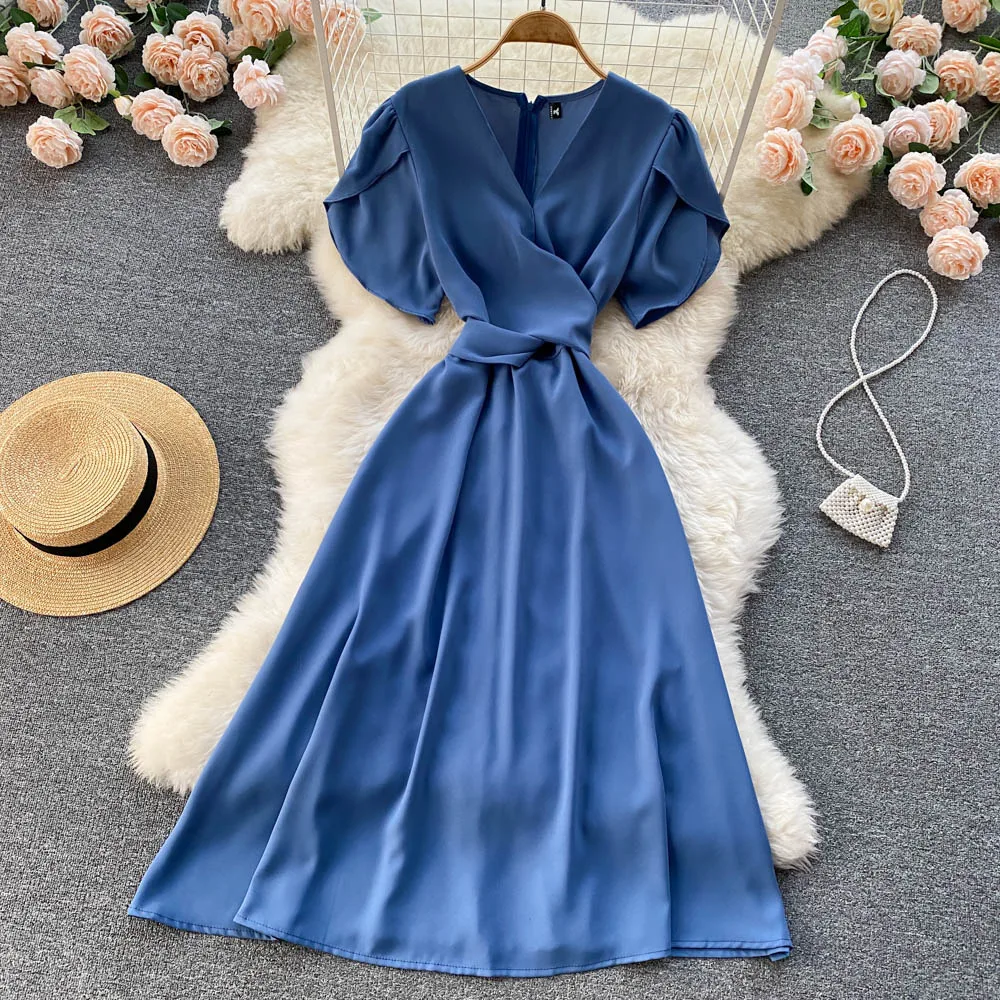 

2022 New Summer Was Thin Fashion Vestidos Female V-neck Twisted Bandage Waist French Midi Dress