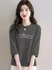 Japanese Sle Women's Cotton T-irt Printed Slimming Casual Faion Seven-Quarter Sve round Ne ort Sve Top