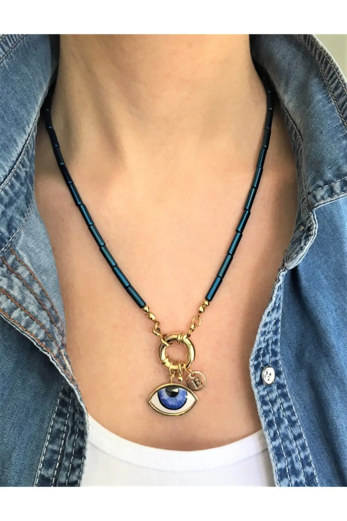 

Blue Eye Detailed Pipe Hematite Necklace Clip Natural Stone Navy Blue One Size Steel Jewelry & Jewelry Accessory
