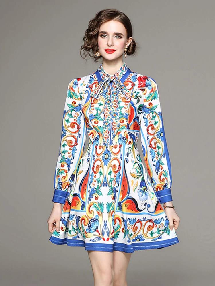 Spring Summer Runway Blue And White Porcelain Dress Women\'s Lapel Long Lantern Sleeve Belt Lace Up Ruffles Mini Vestidos N2024