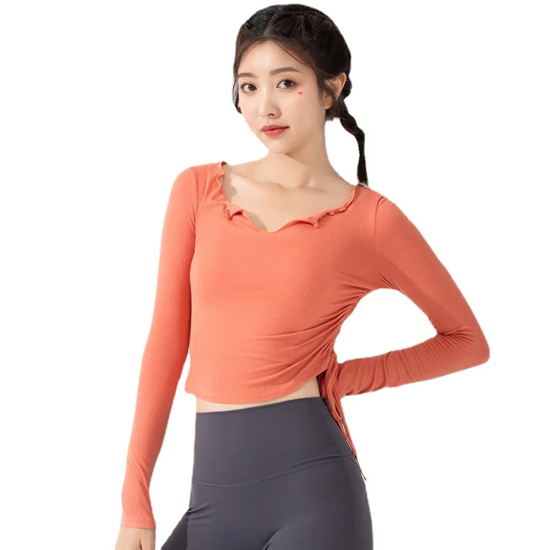 

Crop Tops Drawstring Women's Sports Top Slim Running T-shirt Tight Autumn Yoga Hiking Cycling Biking Climbing Dance Pilates Gym
