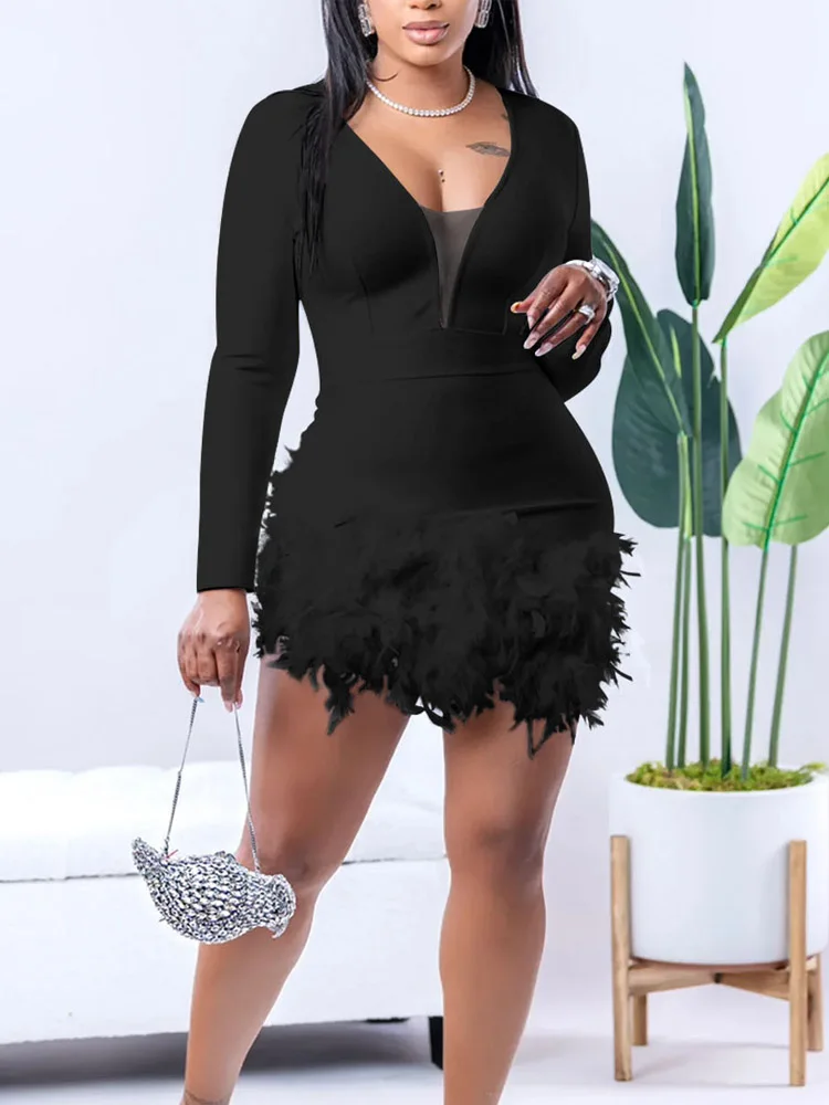 Sexy Deep V-neck Solid Color Shorts Jumpsuit Women Elegant Feather Splicing Long Sleeved Bodysuit for Office Lady, Evening Party