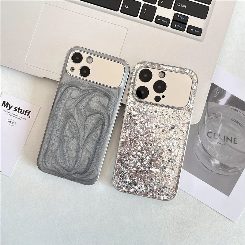 

Luxury Shockproof Plating Large Window Mobile Phone Case For iPhone 15 14 13 12 11 Pro Max Glitter Back Funda Cover Coque Shell