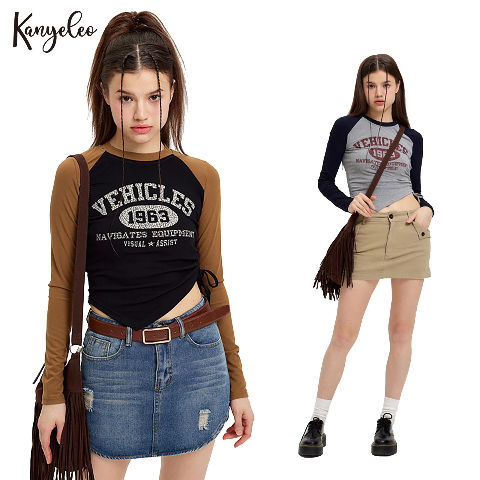 

Round Neck Tops Tight-Fitting American Style Street