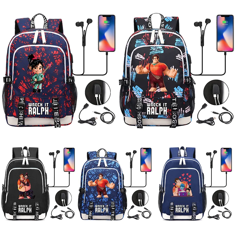 

Wreck-It Ralph Multifunction Laptop Backpacks Student USB Charging Backpack Famale Colorful Print Rucksack Travel Bag Mochila